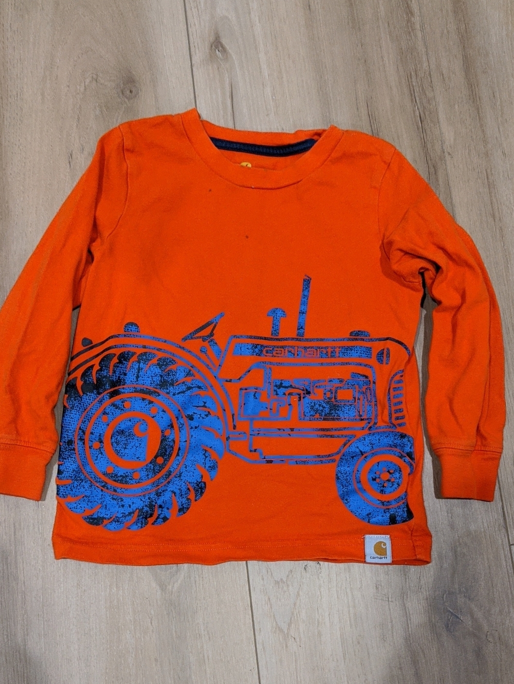 Carhartt Orange Long-Sleeve Tee with Blue Tractor Graphic
